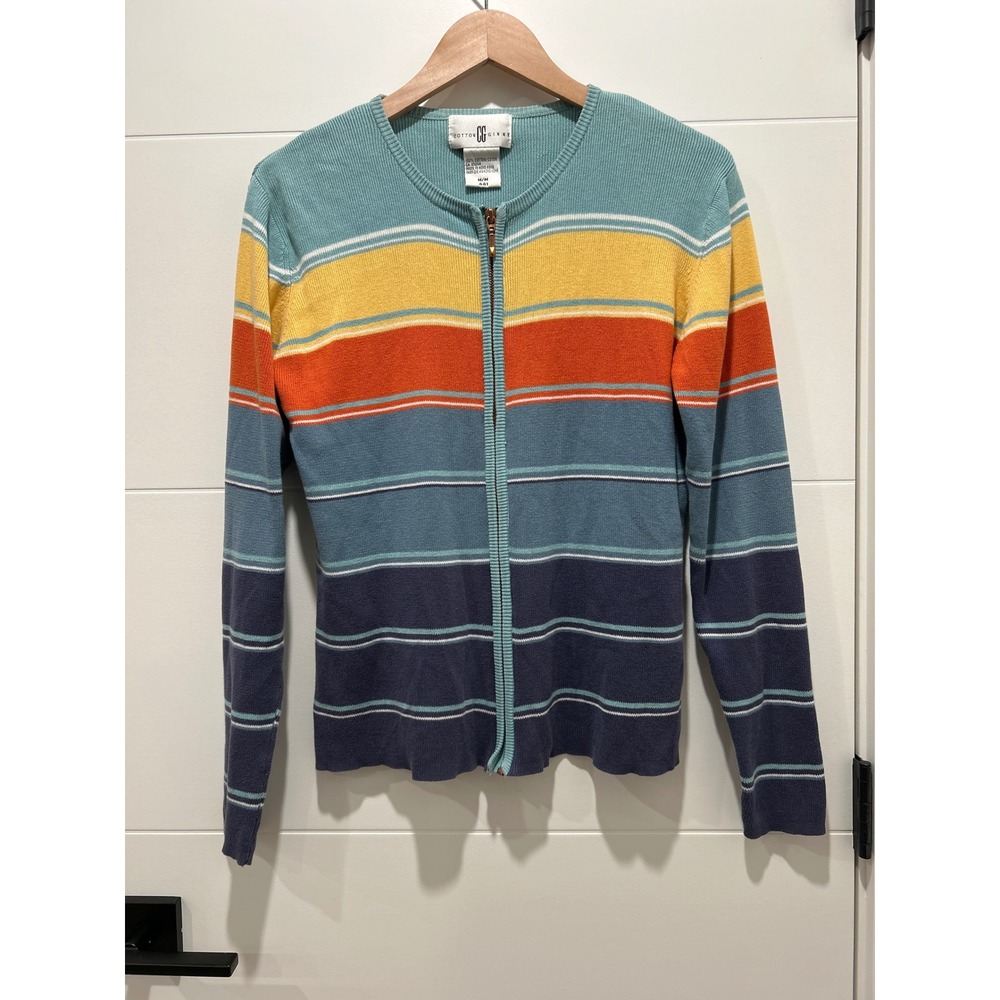Vintage Cotton Ginny Women Striped Full Zip Cardigan Sweater Blue Orange Cotton